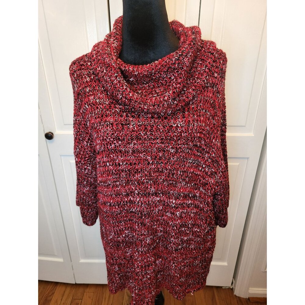 Red/Black Cowl Neck Loose Knit Half Sleeve Sweater XL 2000s Boho Retro Holiday